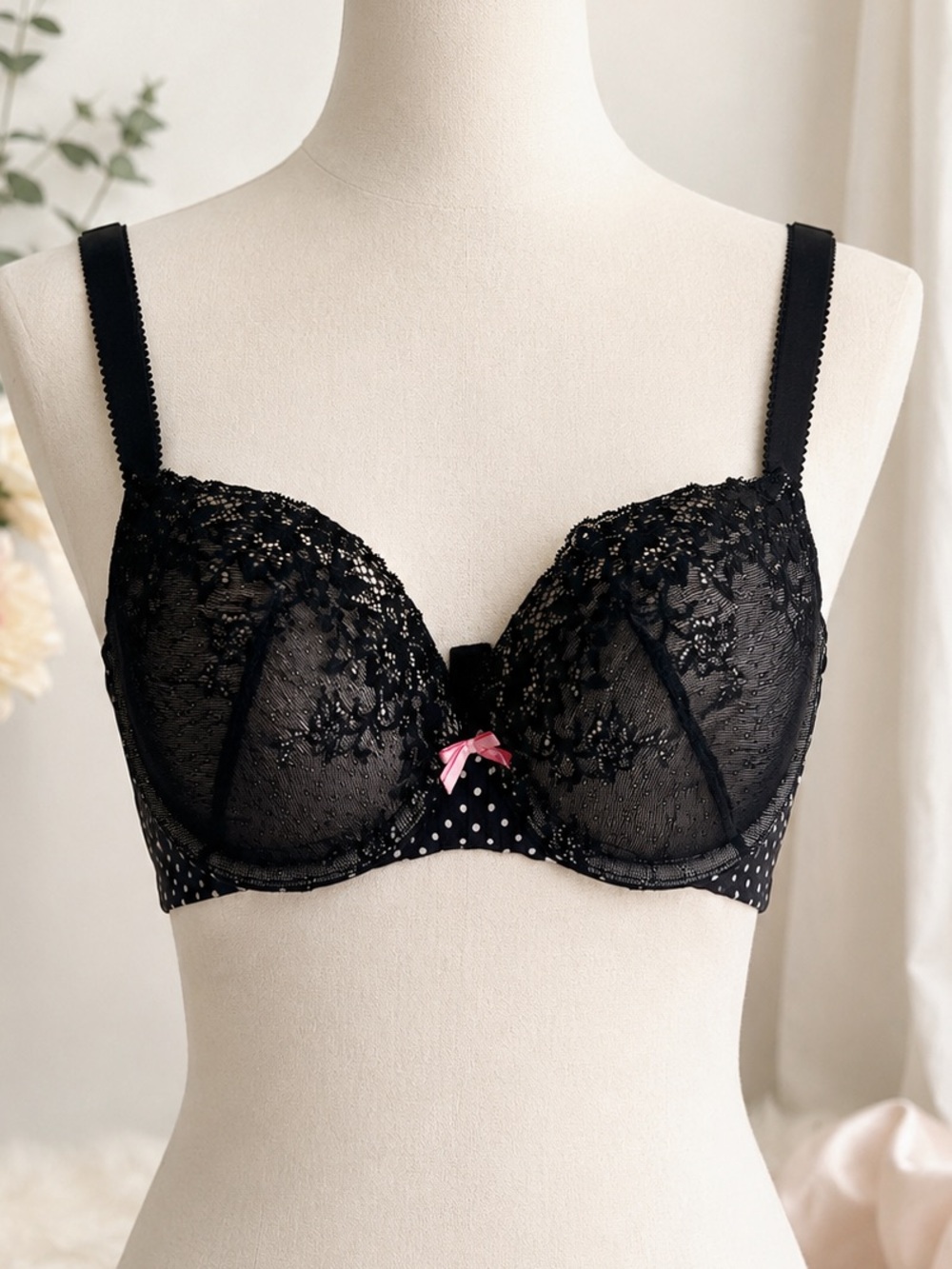 PARISA Fé Black Lace Underwire Bra 34DDD Polka Dot Mesh Pink Bow Lingerie